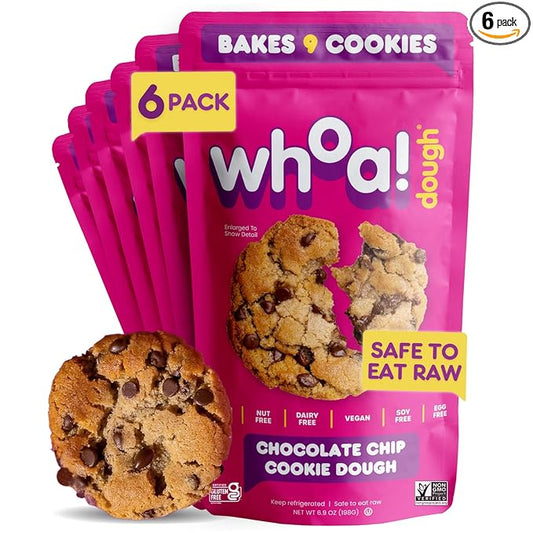 Whoa Dough Ready to Bake Cookie Dough Chocolate Chip – Certified Non-GMO, Kosher, Gluten Free – Plant-Based Snack Dough Made with Real Ingredients – 6 Pack