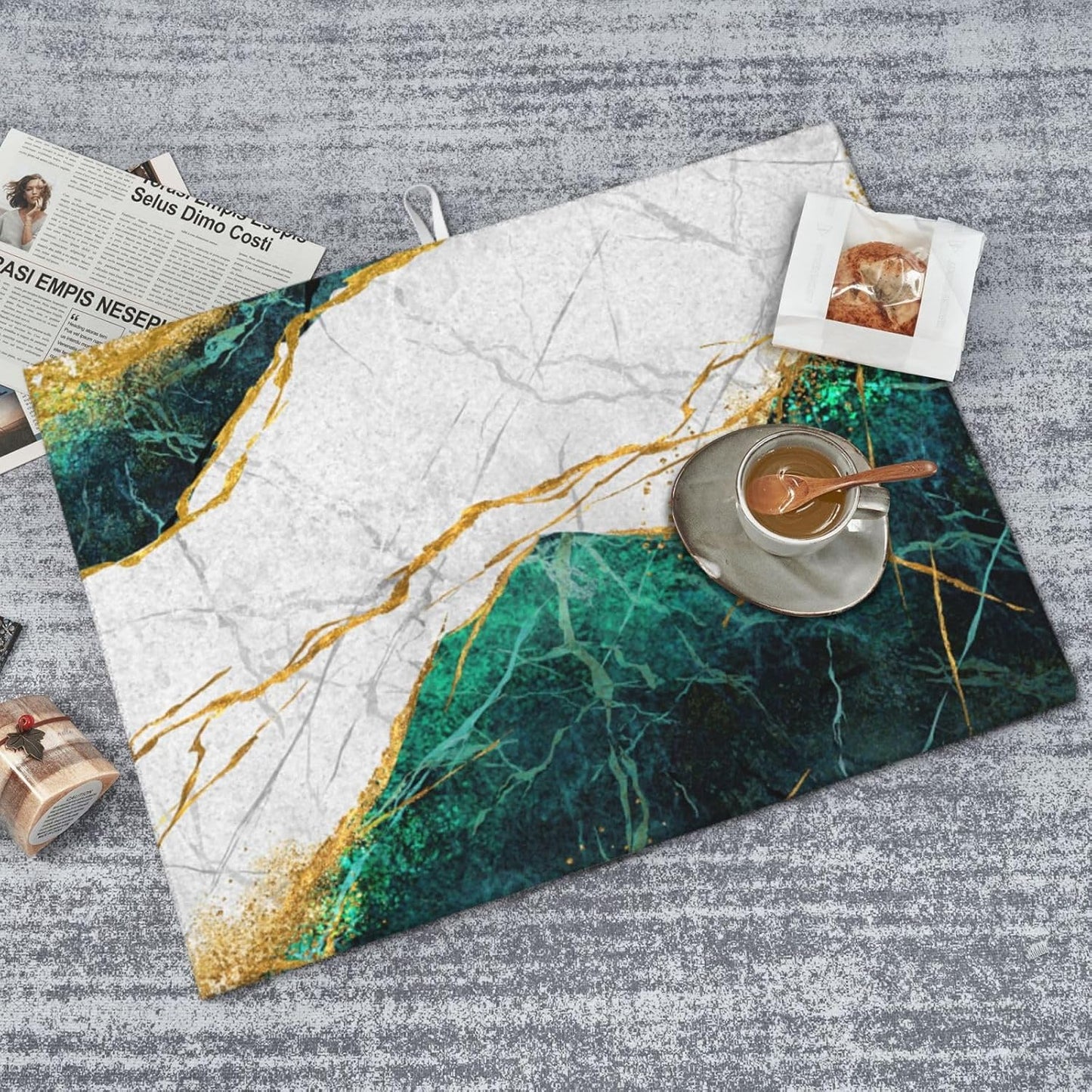 Marble Green Dish Drying Mat 18x24 for Kitchen Counter, Green White Modern Decorative Absorbent Coffee Mat Dish Drying Pad Coffee Bar Dish Drainer Rack Mat Drainer Mat