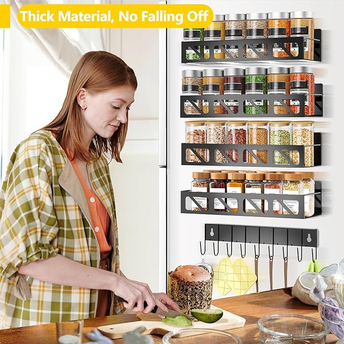 Magnetic Spice Rack Organizer for Fridge Seasoning Organizer for Kitchen storage with Screw or Adhesive Hanging,Magnetic Shelf with Hook for Refrigerator and Oven (Black, 5pack&12pcs)