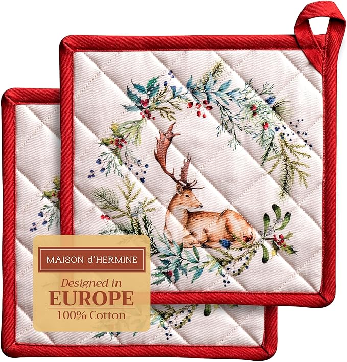 Maison d' Hermine Pot Holders Set 100% Cotton Heat Resistant Potholders 8" x 8" Hot Pads with Loop BBQ, Cooking, Baking, Grilling, Kitchen, Handling Hot Pans (Pack of 2, Holly Time)
