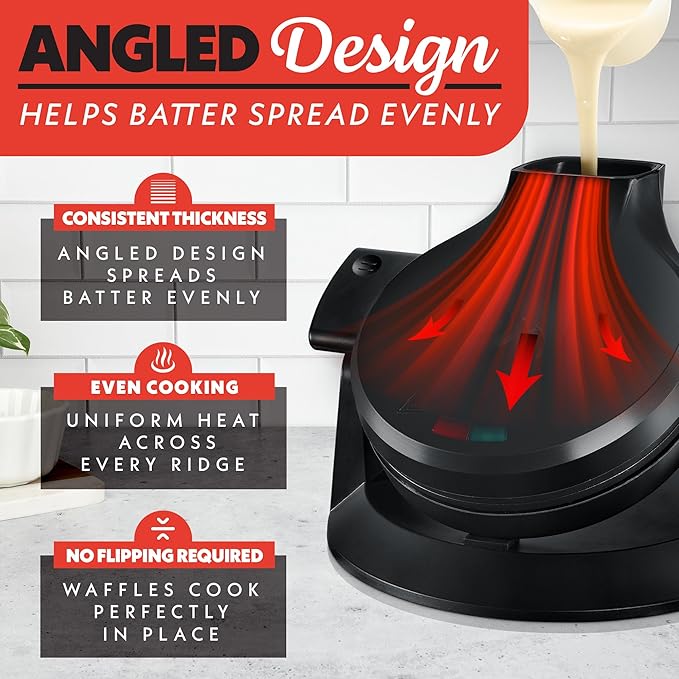 Gourmia GWM468 Dual Pour Waffle Maker with Easy Pour Spout + Horizontal Pour, Angled Cooking, 5 Shade Settings, and Indicator Lights - Recipe Book Included