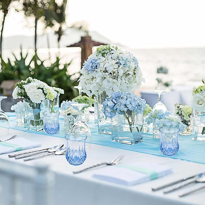 48 PCS Blue Stemless Wine Glasses，Plastic Reusable Cups 9OZ Vintage Drinking Glasses Tumblers for Whisky, Beer, Juice, Beverages, Cocktai