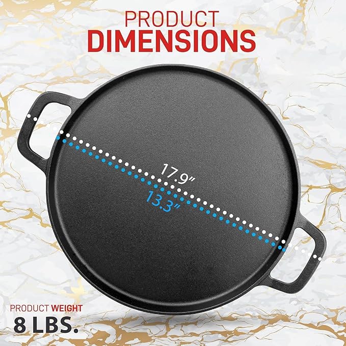 NutriChef 13-Inch Flat Cast Iron Pizza Pan - Versatile Pre-Seasoned Round Cooking Griddle w/ Built-In Handles for Oven, Grill, Stove, and Campfires