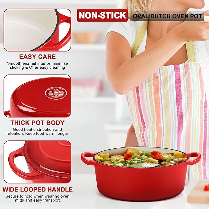 E-far 5QT Oval Dutch Oven Pot with Lid, Enameled Cast Iron Dutch Oven with Dual Handles for Sourdough Bread Baking Cooking, Nonstick Enamel Coated Cookware(Red), Non-Toxic & Easy Clean