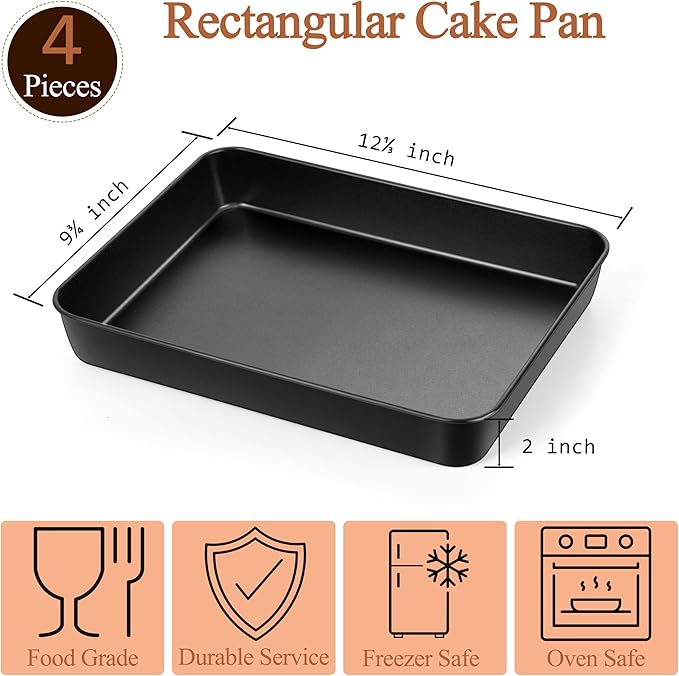 LIANYU 12⅓ x 9¾ x 2 Inch Non-stick Baking Pan Set of 4, Rectangle Cake Lasagna Brownies Casseroles Pan, Bakeware for Cooking Roasting Toaster Oven, Stainless Steel Core & Easy Release