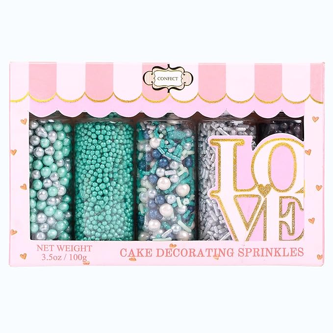Confect Edible Sprinkles | Navy Blue & Teal Dragees, Green & White Jimmies, Bright Blue Sparkling Sugar | Baking Toppings & Decorations | Sprinkle for Cake & Cupcake Decorating – Vegan, Gluten-Free, Nut-Free, Soy-Free, Dairy-Free, Palm Oil-Free-5 Oz