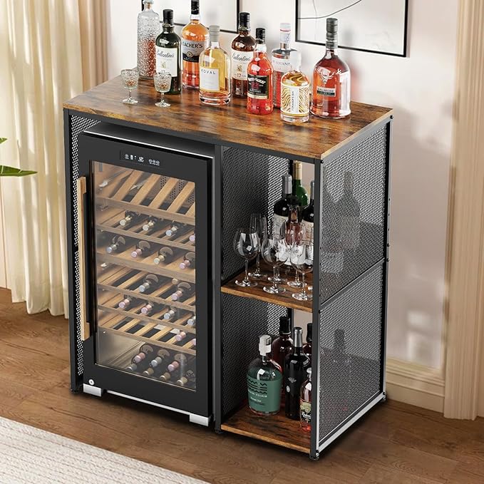 3-Tier Mini Fridge Cabinet with Storage, Industrial Style Kitchen Microwave Stand Baker Rack, Utility Storage Shelf with Mini Fridge Space for Home Kitchen Dorm, Vintage Wood