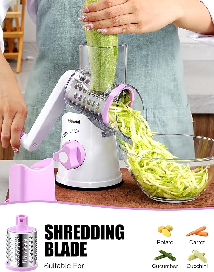 Geedel Rotary Cheese Grater, Kitchen Mandoline Vegetable Slicer with 3 Interchangeable Blades, Easy to Clean Rotary Grater Slicer for Fruit, Vegetables, Nuts