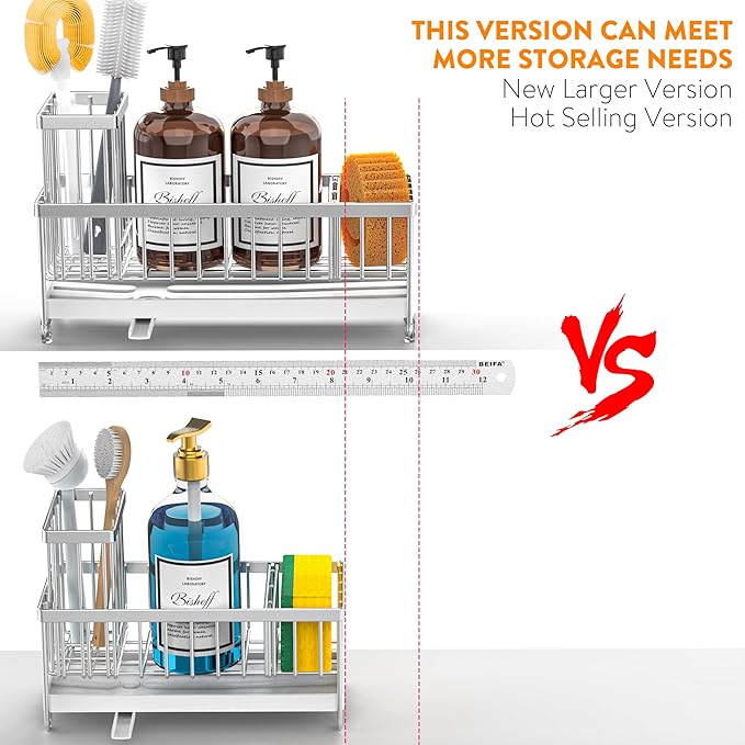 Cisily Extra Large Silver Sponge Holder for Kitchen Sink, Sink Caddy Organizer with High Brush Holder, Kitchen Countertop Organizers and Storage Essentials, Rustproof 304 Stainless Steel