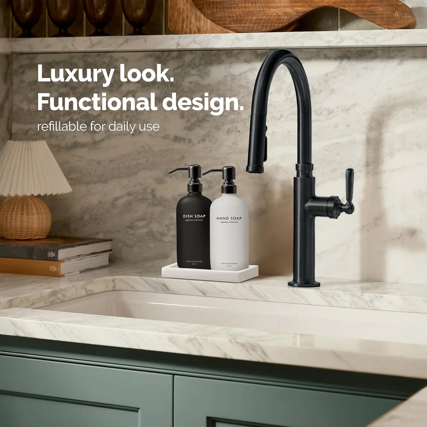 Vine Creations Glass Soap Dispenser Set, Kitchen Soap Dispenser Set with Ceramic Tray, 16 oz Dish Soap and Hand Soap Dispensers with Stainless Steel Pump Decor (White and Black Bottles/Matte Black)