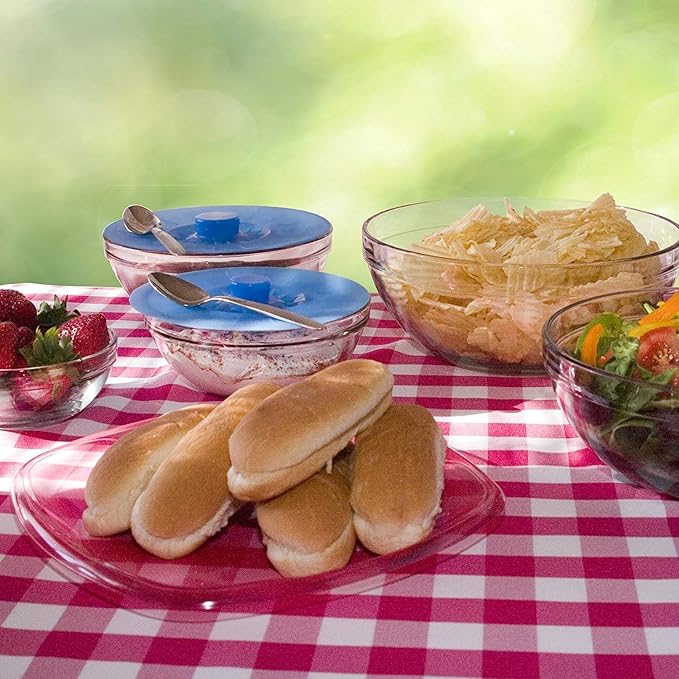 Silicone Bowl Lids Blue Set of 5 Reusable Suction Seal Covers for Bowls, Pots, Cups. Food Safe. Natural grip, interlocking handles for easy use and storage.