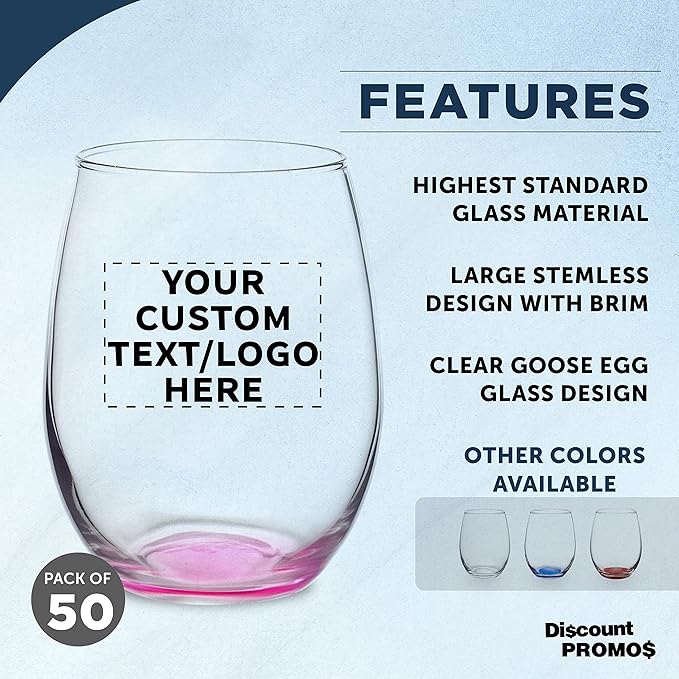Custom Stemless Wine Glasses in Bulk by ARC Perfection, 15 oz, 50 pack, Personalized Text, Logo, Red or White Wine Glass Set, Pink