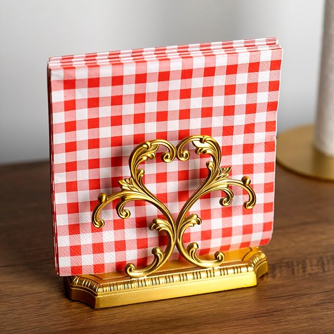 1 Gold Napkin Holder and 50 pieces of red and white paper napkins in classic gingham checkered design,Brass Napkin Holder,Modern Dining Table Decor