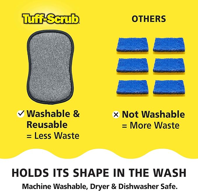 Fresh Scrub-N-Wipe Pad by Tuff-Scrub, 6-Pack, Antimicrobial & Charcoal Foam for Odor Control, Microfiber, Multi-Surface, Non-Scratch, Dual-Sided, Machine Washable, Kitchen Sponge (Large)