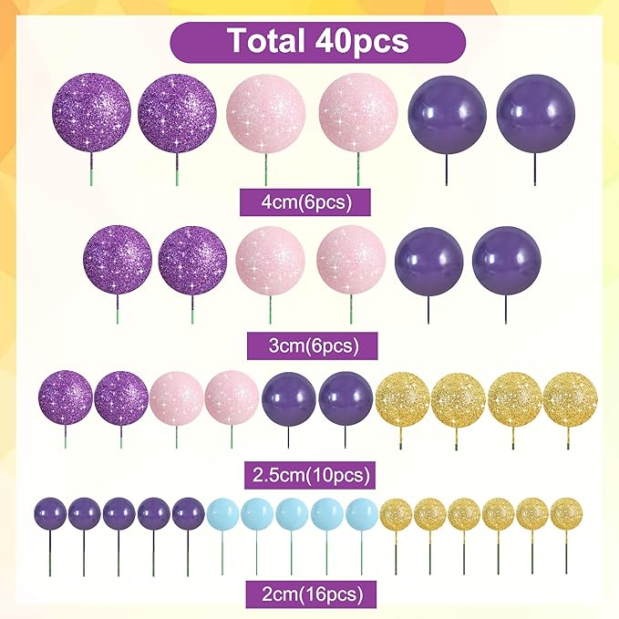 BEISHIDA 40 Pcs Foam Ball Cake Toppers with Sticks Mini Cake Decorations for Birthdays, Weddings, Baby Showers, DIY Baking Supplies, Anniversary Party (Purple, Rose, Gold, Blue)