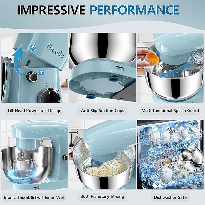 Facelle Stand Mixer, 10-Speed 6QT Kitchen Electric Mixer, Tilt-Head Food Mixer with Beater, Dough Hook, Wire Whip and Egg Separator, scraper for Most Home Cooks - Blue