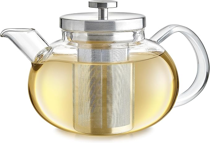 Teabloom Connoisseur Glass Teapot with Stainless Steel Infuser for Loose Tea – 4-Cup Capacity, Stovetop-Safe, Durable Borosilicate Glass, Perfect for Hot and Iced Tea
