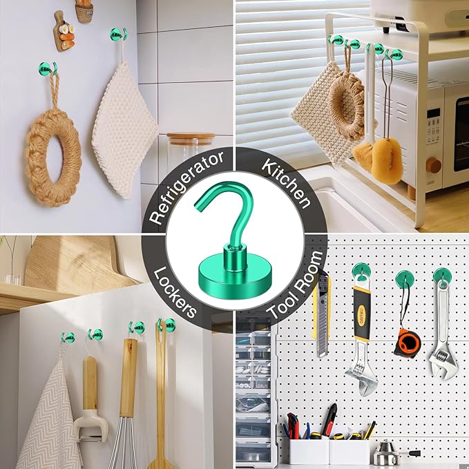 MIKEDE Magnetic Hooks, 40Lbs+ Heavy Duty Magnet Hooks for Cruise Cabins, Super Neodymium Hanging Hooks Strong Magnets with Hook for Fridge, Magnetic Hanger for Grill, Toolbox, Storage(Green, 10 Pack)