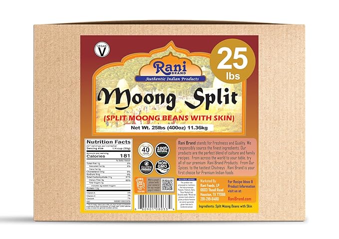 Rani Moong Split (Split Mung Beans with Skin) Lentils Indian 400oz (25lbs) 11.36kg Bulk Box ~ All Natural | Gluten Friendly | Non-GMO | Kosher | Vegan | Indian Origin
