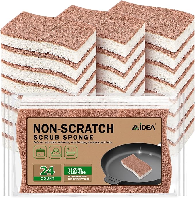 AIDEA Sponges Non Scratch, 24Count, Natural Sponge for Non Stick Cookware, Sponges Kitchen, Cellulose Scrub Sponge for Dishes, Cleaning Power for Kitchen, Bathroom, Household