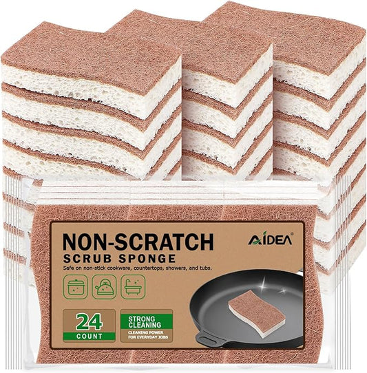 AIDEA Sponges Non Scratch, 24Count, Natural Sponge for Non Stick Cookware, Sponges Kitchen, Cellulose Scrub Sponge for Dishes, Cleaning Power for Kitchen, Bathroom, Household