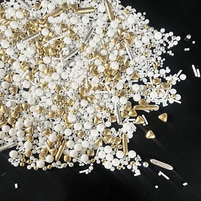 Weraru White Deluxe Gold Sprinkles Candy Mixing Size Baking Edible Cake Decorations Cupcake Toppers Cookie Decorating Celebrations Wedding Shower Party Chirstmas Supplies 130g/ 4.58oz
