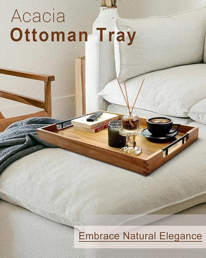 22 Inches Acacia Wood Serving Tray with Metal Handles, Large Wooden Rectangle Ottoman Tray, Decorative and Durable Design for Living Room Coffee Table Couch Kitchen