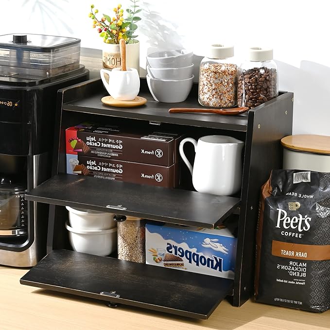 Ollieroo Vintage Double Layer Bread Box for Kitchen Countertop, Bamboo Bread Storage Container, Breadbox for Homemade Bread, Large Capacity Bread Bin(Black)