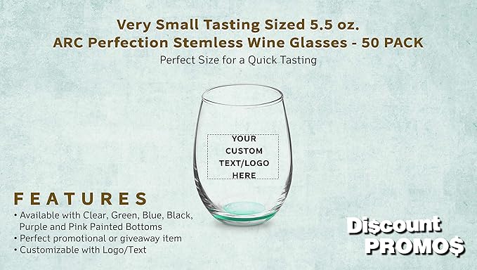 Custom Stemless Wine Glasses by ARC 5.5 oz. Set of 50, Personalized Bulk Pack - Perfect for Hotel, Bar, Restaurant or Lounge - Green