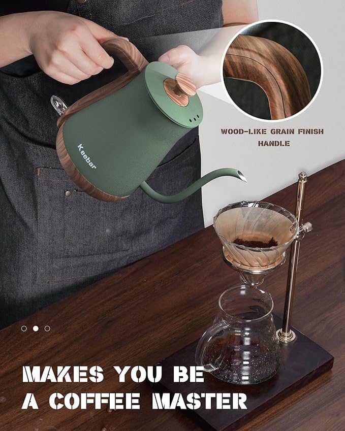 Gooseneck Electric Kettle, Electric Tea Kettle Stainless Steel, Pour over kettle for Coffee, 1000W Hot Water Kettle Electric Auto Shut Off, 0.8L, Wood-like Grain Finish Handle, Matcha Green