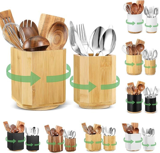 2 Pack Wooden Utensil Holder, 360°Rotating Kitchen Cooking Utensil Crock, Spoon Spatula Holder for Kitchen Counter, Farmhouse Countertop Organizer ()