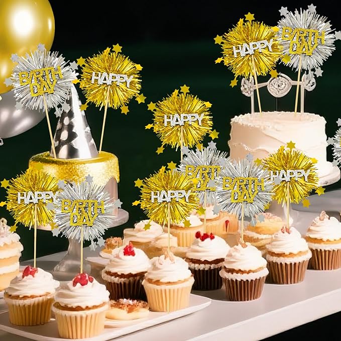LOLStar 12 PCS Happy Birthday Cake Toppers, Gold and Silver Foil Cupcake Toppers, Glitter Tinsel Cupcake Decor, Food Picks Drink Stirrers Cocktail Toothpicks for Celebrating Party Supplies