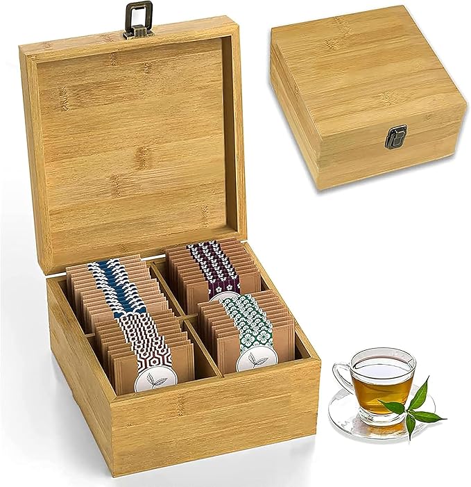 Bamboo Tea Organizer Box Chemical Free Big, Tall, Adjustable Cubbies Natural Wooden Storage Chest (4-Slot Square 7.4" x 8.1" x 4.2" Blank)