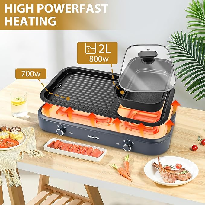 Pukomc Electric Hot Pot with Grill，2 in 1 Korean BBQ Grill Shabu Shabu Hot Po， 1500W / Temperature Control, Quick Heating Detachable Hot Pot and Baking Tray，gray