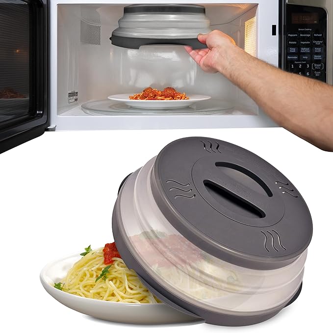 2.0 Magnetic Microwave Splatter Cover, Collapsible 12-Inch BPA-Free Food Lid with Upgraded Magnets, Vented Plate Guard, Dishwasher Safe, Space-Saving Magnetic Storage - Gray 2-Pack