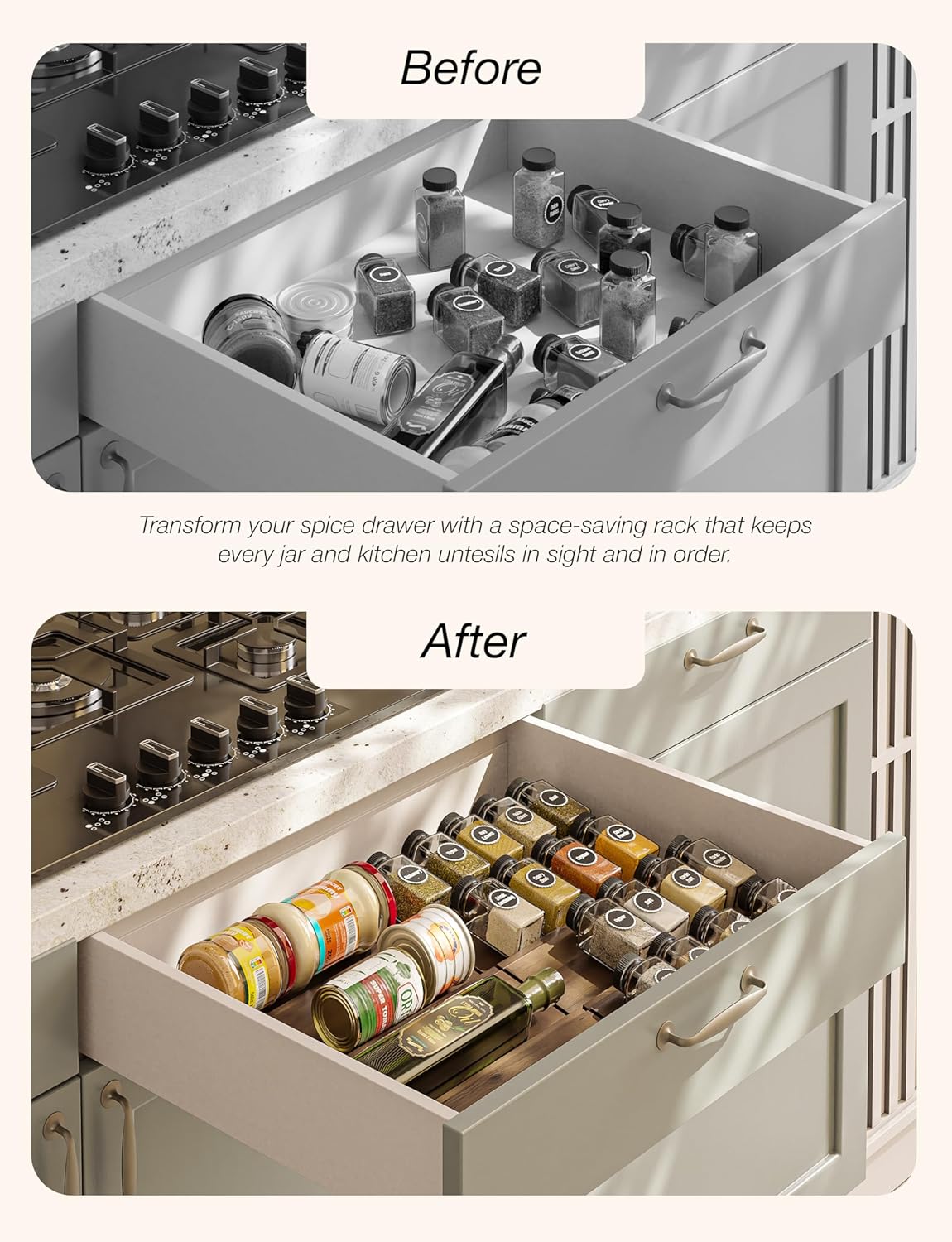 Tinamo 8-Pack Acacia Wooden Spice Drawer Organizer - Spice Organization for Cabinet, Seasoning Organizer for Cabinet - Organizador De Especias De Cocina - 64 Standard Jars, Multi-Tier (Walnut color)