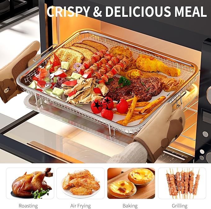 Air Fryer Basket for Oven, OPENICE 15.6" x 11.6" Large Air Fryer Tray and Pan with 30PCS Parchment Papers, Stainless Steel Oven Air Fryer Basket and Tray for Baking Grilling