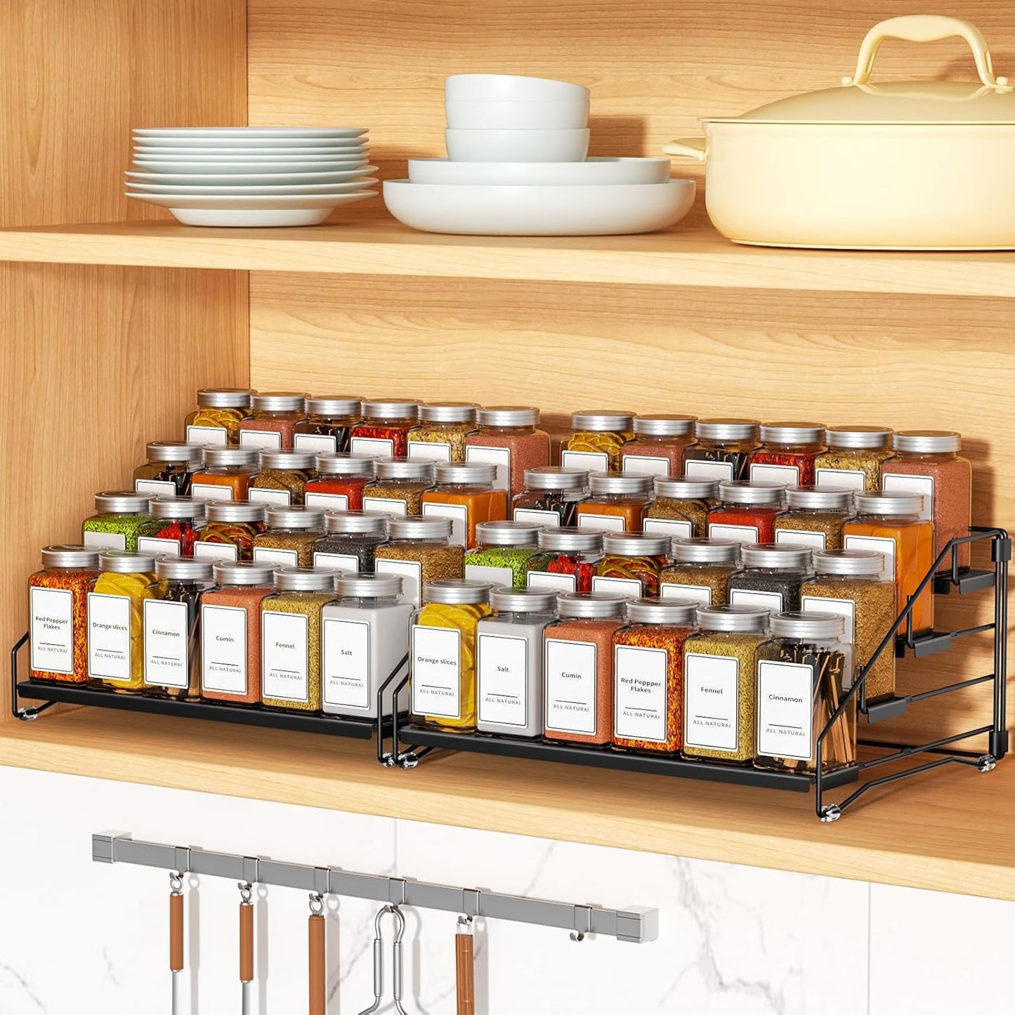 4 Tier Spice Rack Organzier, Spice Rack for Cabinet, Adjustable Depth Seasoning Shelf for Countertop, Pantry, Seasoning Organizer, Metal, Black (2 Pack)