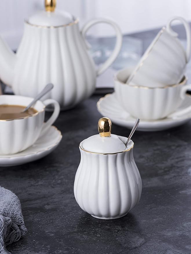 Jusalpha Fine China Pink Teapot and Creamer Sugar Bowl Set, TW (White)