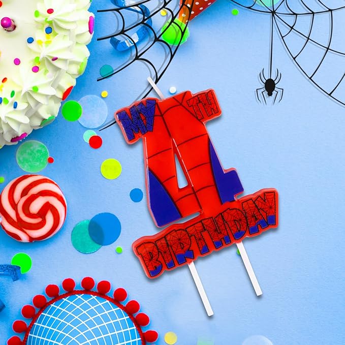 Spider Birthday Party Decorations, Number 4 Red Spider Web Happy Birthday Cake Candle for Boys Girls Spider Web 4th Birthday Party Supplies (Spider Web 4th Candle)