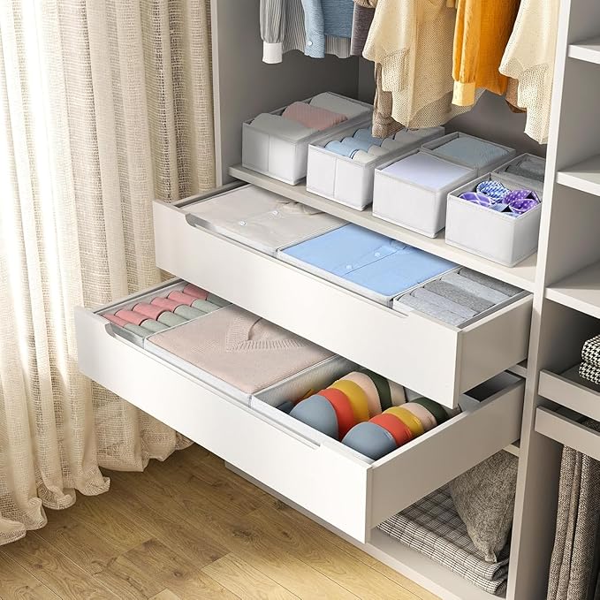 DIMJ Drawer Organizer Clothes, 15 Pack Fabric Drawer Organizer Bins, Foldable Baby Clothes Organizer & Dresser Organizer For Nursery, Clothes, Bedroom, Closet, Socks, Bra, Tie,White