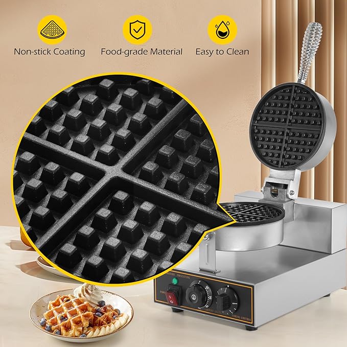 Dyna-Living Waffle Maker Commercial Waffle Iron Machine, 1200W Non-stick Round Commercial Waffle Maker for Restaurant, Food-grade Stainless Steel Large Commercial Waffle Iron