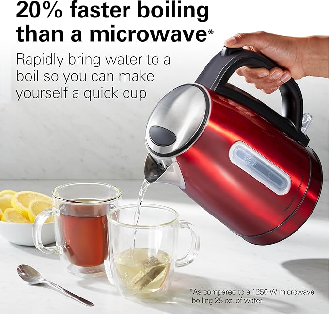 Hamilton Beach Electric Tea Kettle, Water Boiler & Heater, 1.7 Liter, Cordless Serving, 1500 Watts for Fast Boiling, Auto-Shutoff and Boil-Dry Protection, Red with LED Light Ring (41060)