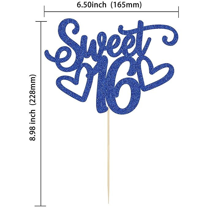 Gyufise 1Pc Sweet Teenager 16 Cake Topper Glitter 16th Birthday Cake Pick for Cheers to 16 Years Old 16th Birthday Party Cake Decorations Supplies Blue