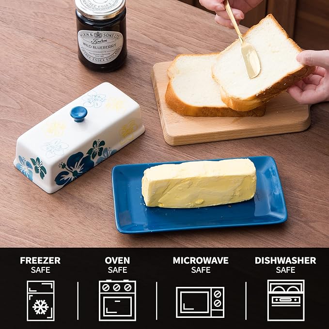 Butter Dish Ceramic Butter Keeper Butter Dish with Lid, Butter Container, Blue
