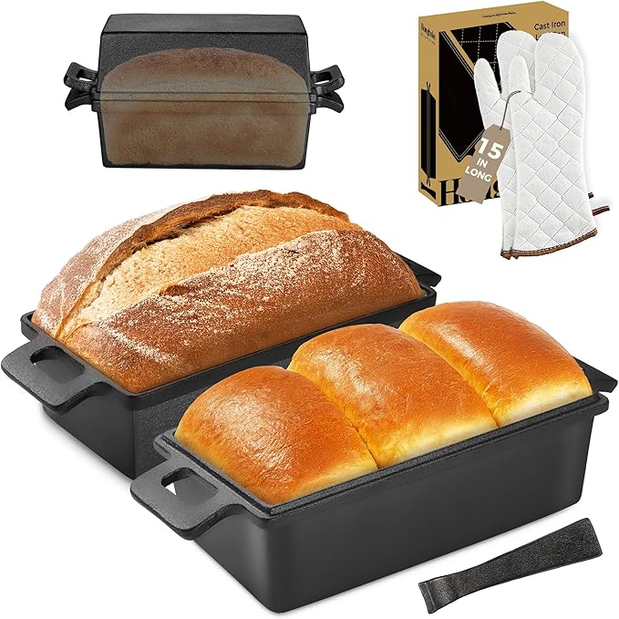 HONGBAKE 2 in 1 Cast Iron Bread Pan with Lid, Lid Lever, Long Oven Mitts, 9x5 Loaf Pans for Homemade Bread, Sourdough Baking Pan, Pre-Seasoned Nonstick Rectangular Dutch Oven, Banana Bread Tins