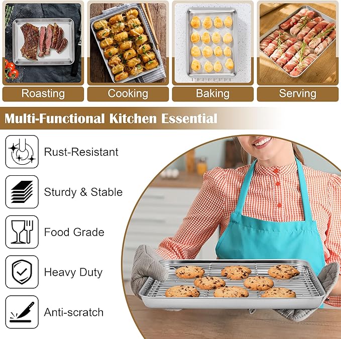 E-far Baking Sheet with Wire Rack (2 Pans + 2 Racks), Stainless Steel Cookie Sheets Pan & Cooling Rack for Baking Cookies Cake, Non Toxic & Heavy Duty, Oven & Dishwasher Safe, 12.4 x 9.7 x 1 Inch
