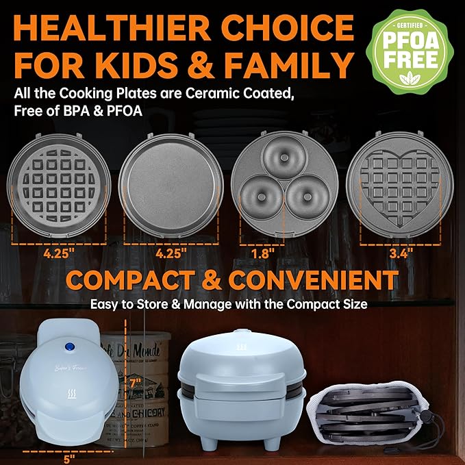 Baker's Friend 4 in 1 Mini Waffle Maker with Removable Plates, Set Includes Mini Pancake, Donut, Heart Shape Waffle Makers, Compact Size, Recipe Included, Blue