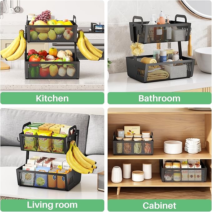 Fruit Basket Bowls For Kitchen Counter with Banana Hangers - Detachable Metal Fruit Stand with Handle - Kitchen Vegetables Bread Snacks Storage Organization, 2 Tier Black