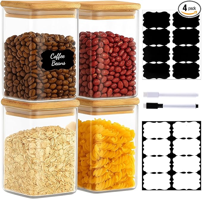 37oz Square Glass Storage Containers with Bamboo Lids – 4 Pack Clear Food Airtight Glass Jars for Pantry Organizers and Storage, Kitchen Dry Food, Coffee, Sugar, Flour, Snacks, Spices